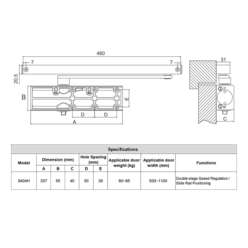 Adjustable Hydraulic Door Closer for 60-85kg Doors | Surface Mounted | Durable Aluminum